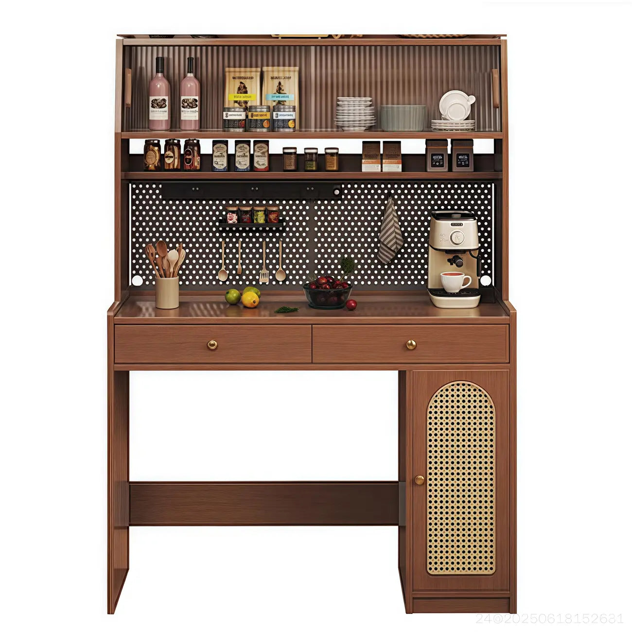 Meuble de rangement de cuisine en bois brun à 2 tiroirs avec étagère