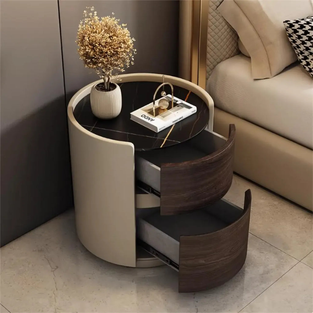 Table de chevet ronde à 2 niveaux en pin étroit avec fermeture douce