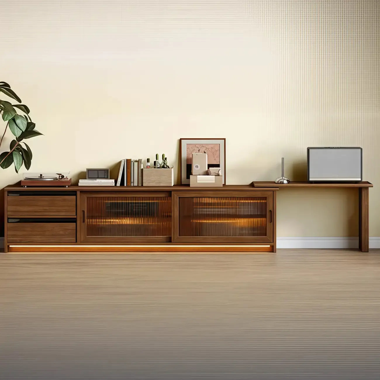 Meuble TV extensible en bois brun avec 2 placards