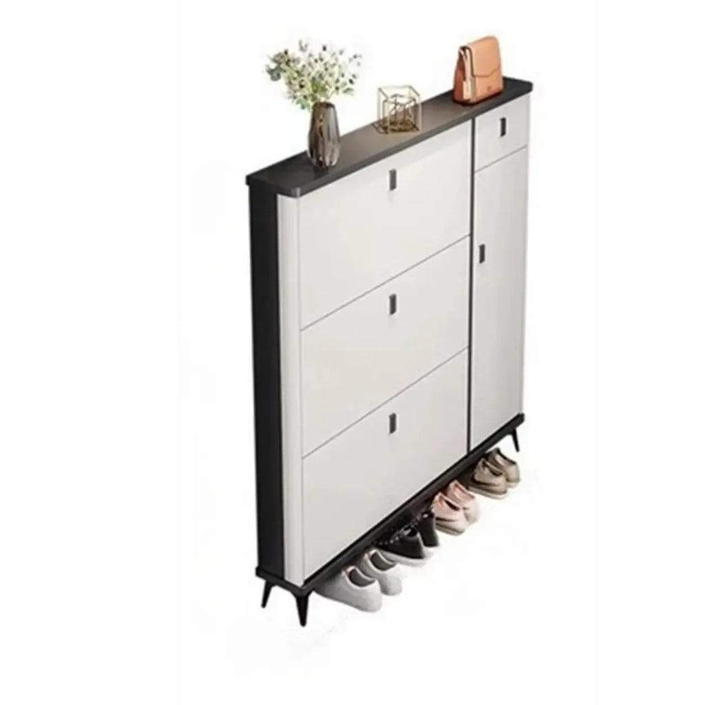 Meuble à chaussures étroit en bois massif noir et blanc avec façade rabattable