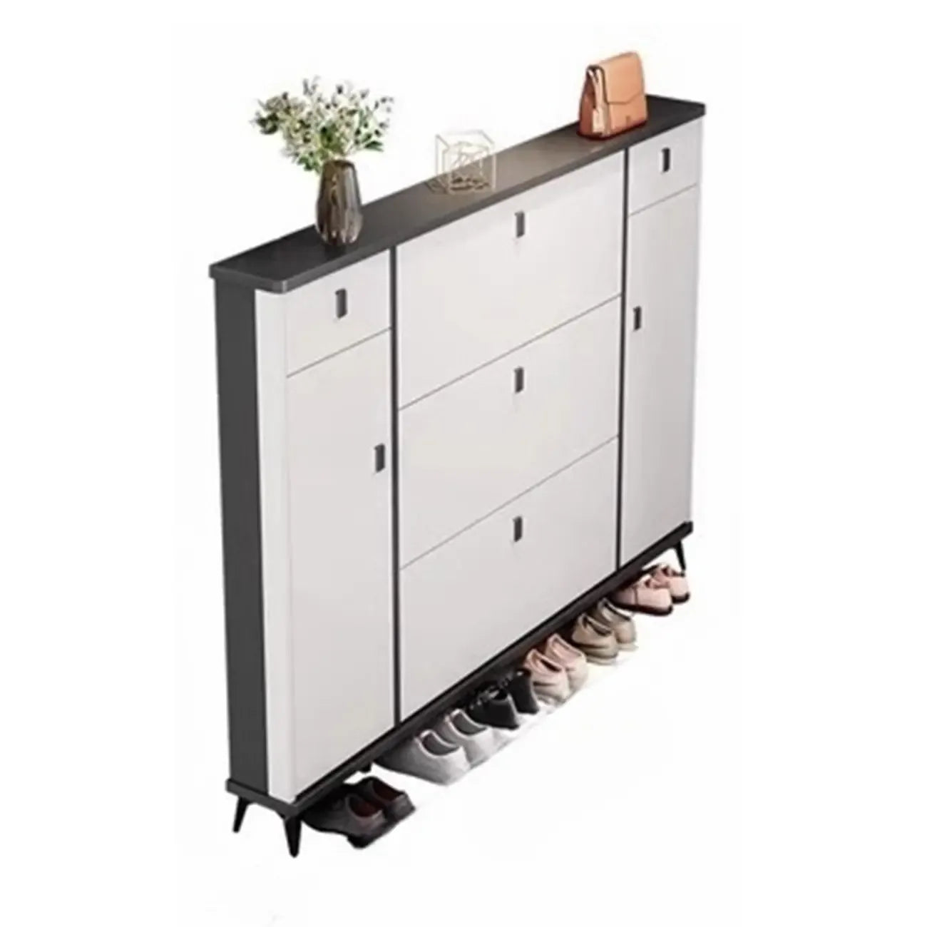Meuble à chaussures étroit en bois massif noir et blanc avec façade rabattable