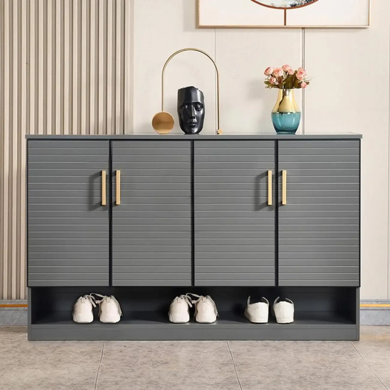 Meuble à chaussures gris métal avec étagère inférieure ouverte