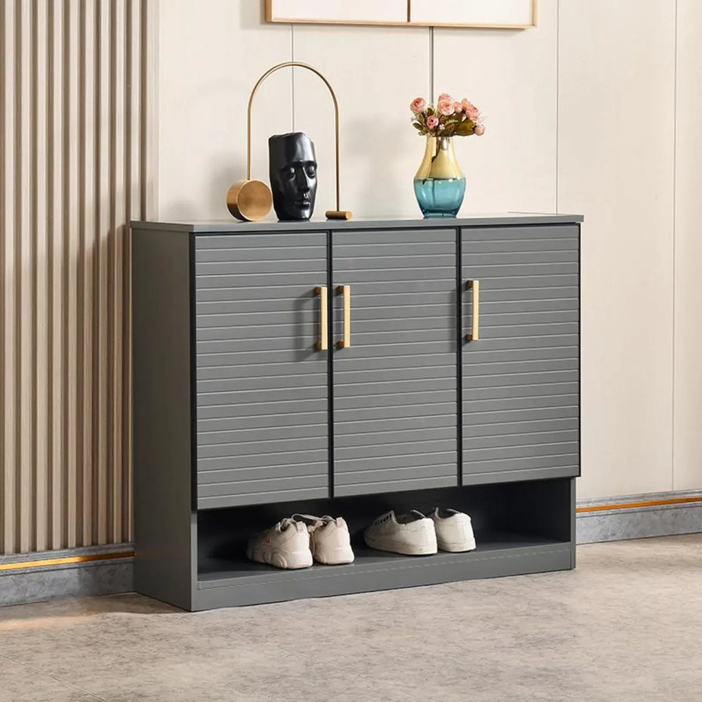 Meuble à chaussures gris métal avec étagère inférieure ouverte