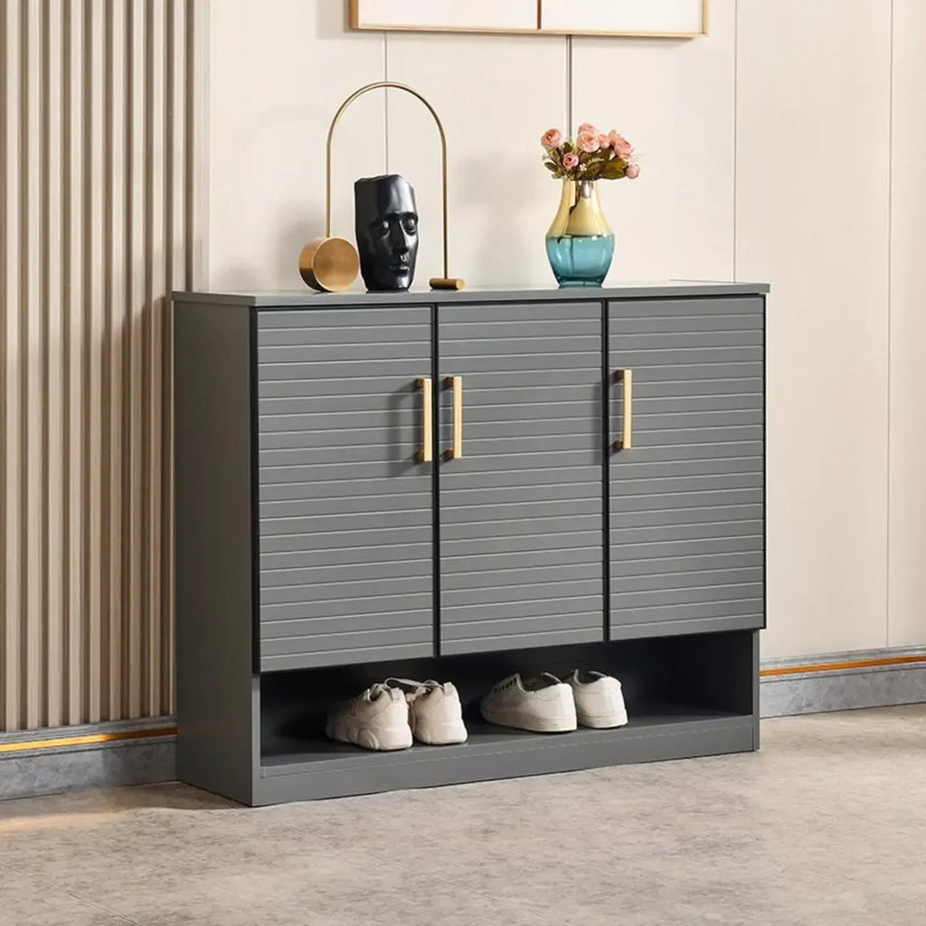 Meuble à chaussures gris métal avec étagère inférieure ouverte