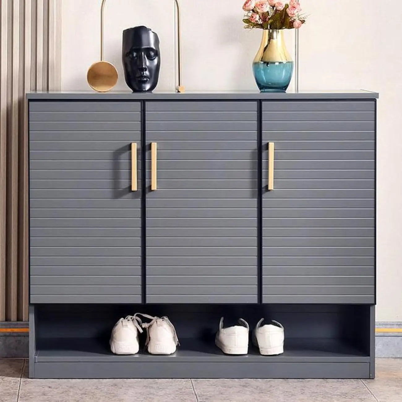 Meuble à chaussures gris métal avec étagère inférieure ouverte
