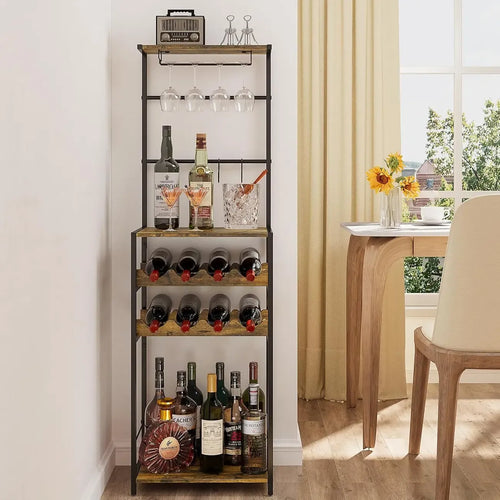 Casier à vin autoportant à 5 niveaux avec supports à verres et crochets
