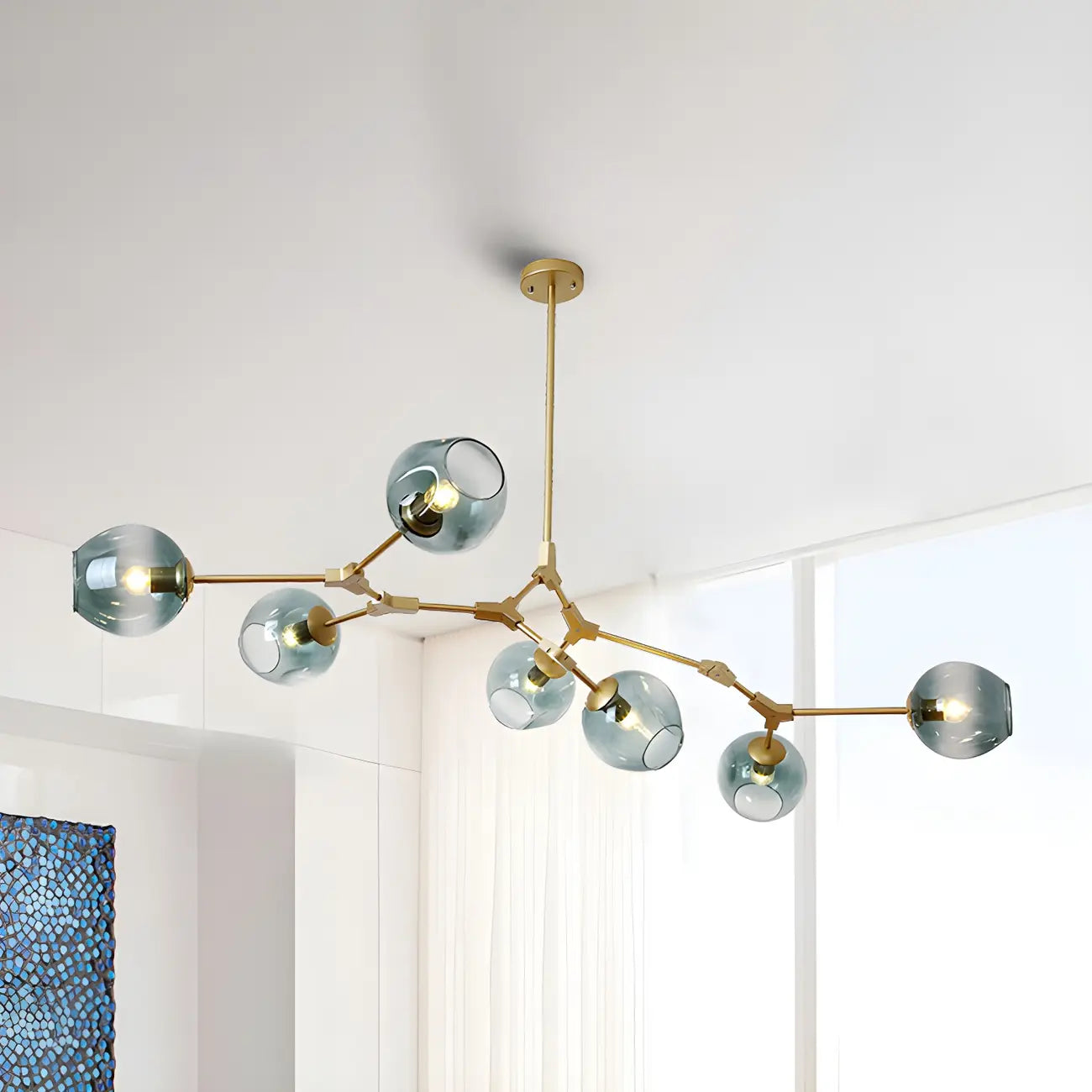 Lustre industriel Sputnik avec globes en verre bleu clair