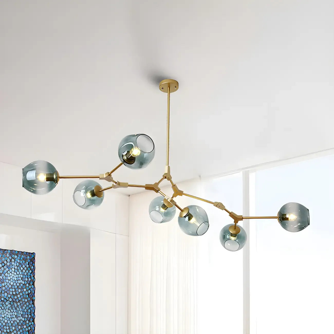 Lustre industriel Sputnik avec globes en verre bleu clair