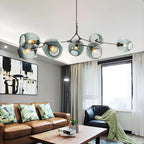 Lustre industriel Sputnik avec globes en verre bleu clair