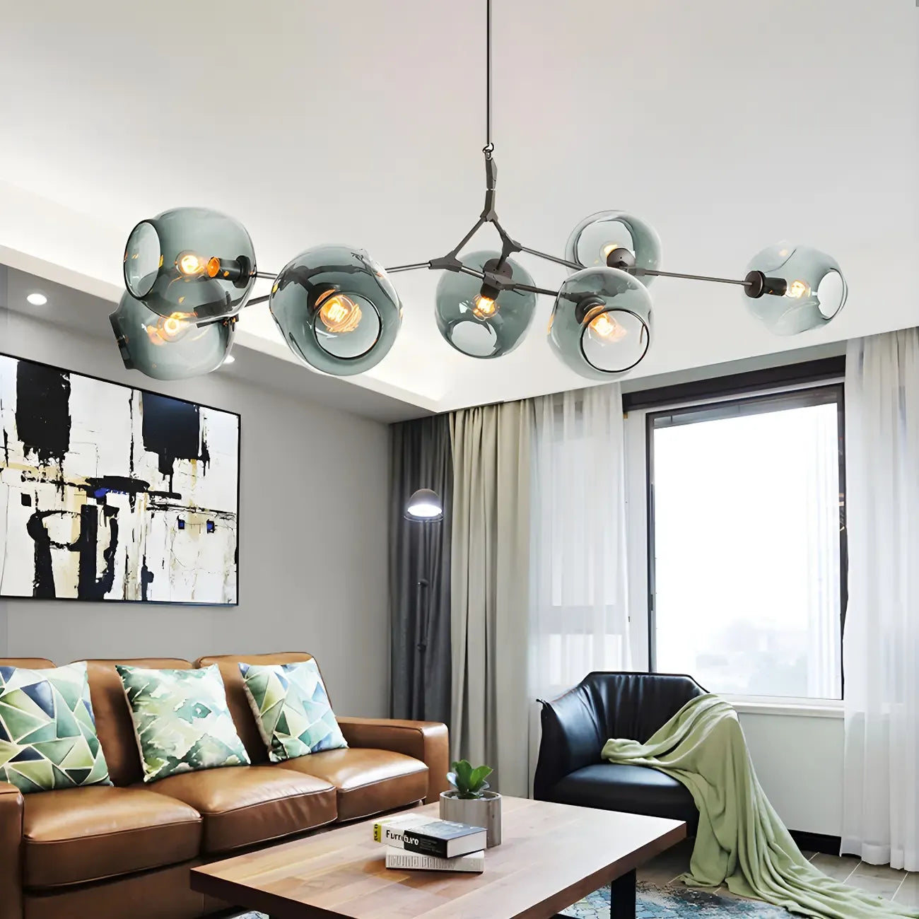 Lustre industriel Sputnik avec globes en verre bleu clair