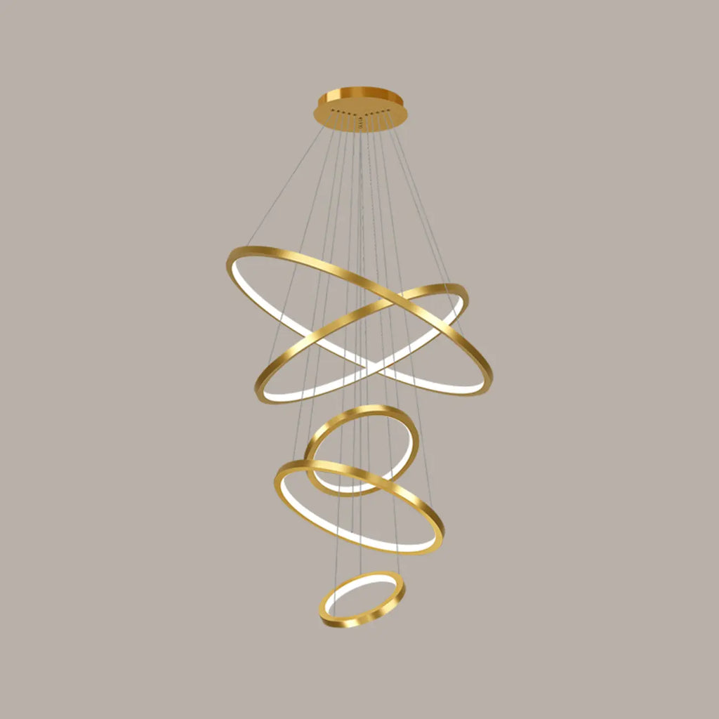 Lustre d'escalier moderne en forme d'anneau doré, lumière chaude LED