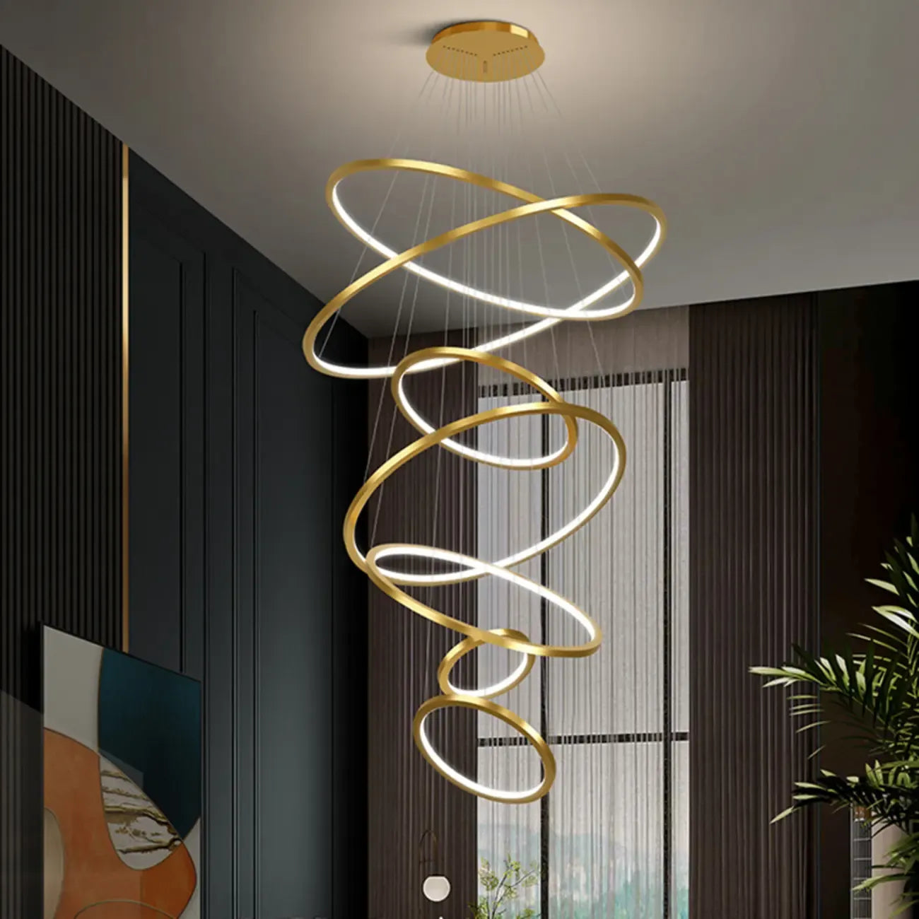 Lustre d'escalier moderne en forme d'anneau doré, lumière chaude LED