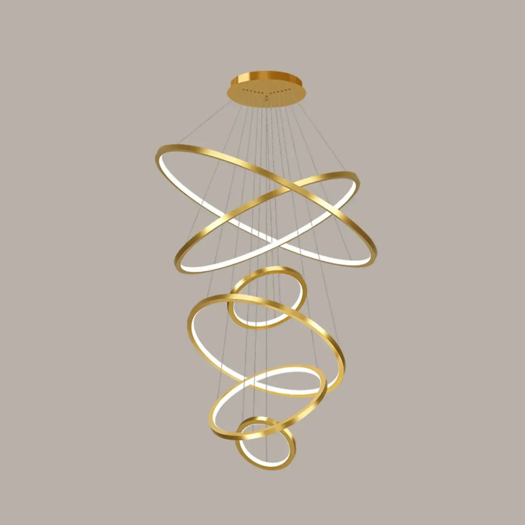 Lustre d'escalier moderne en forme d'anneau doré, lumière chaude LED
