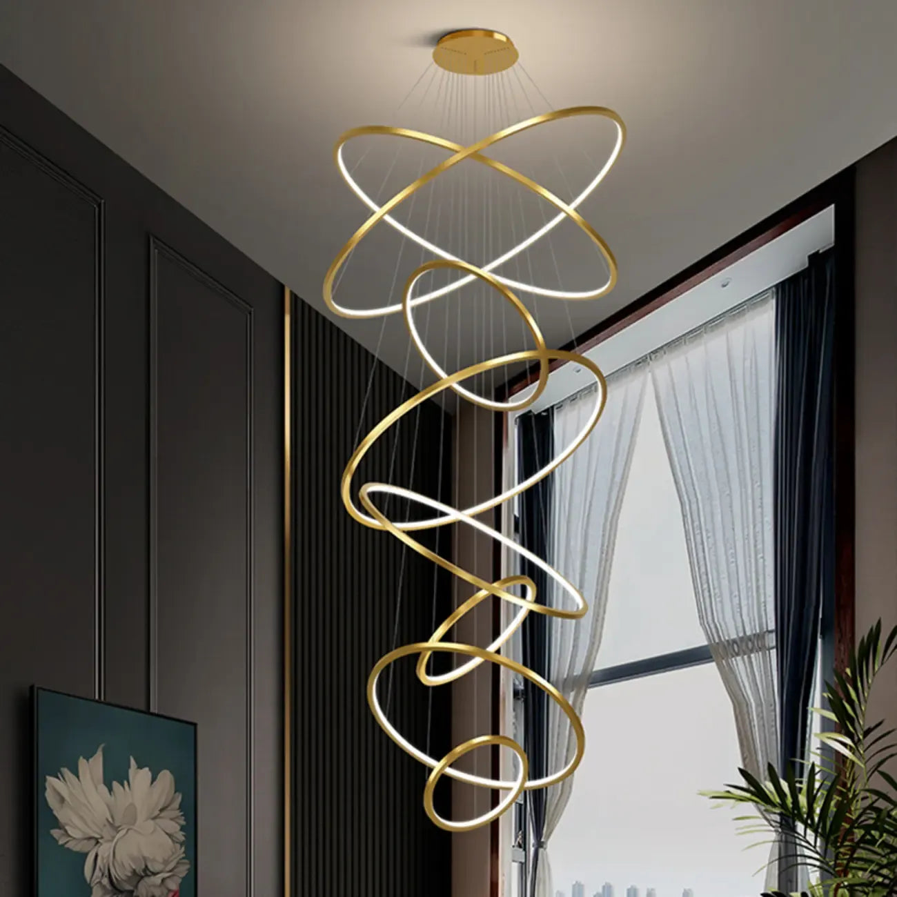 Lustre d'escalier moderne en forme d'anneau doré, lumière chaude LED