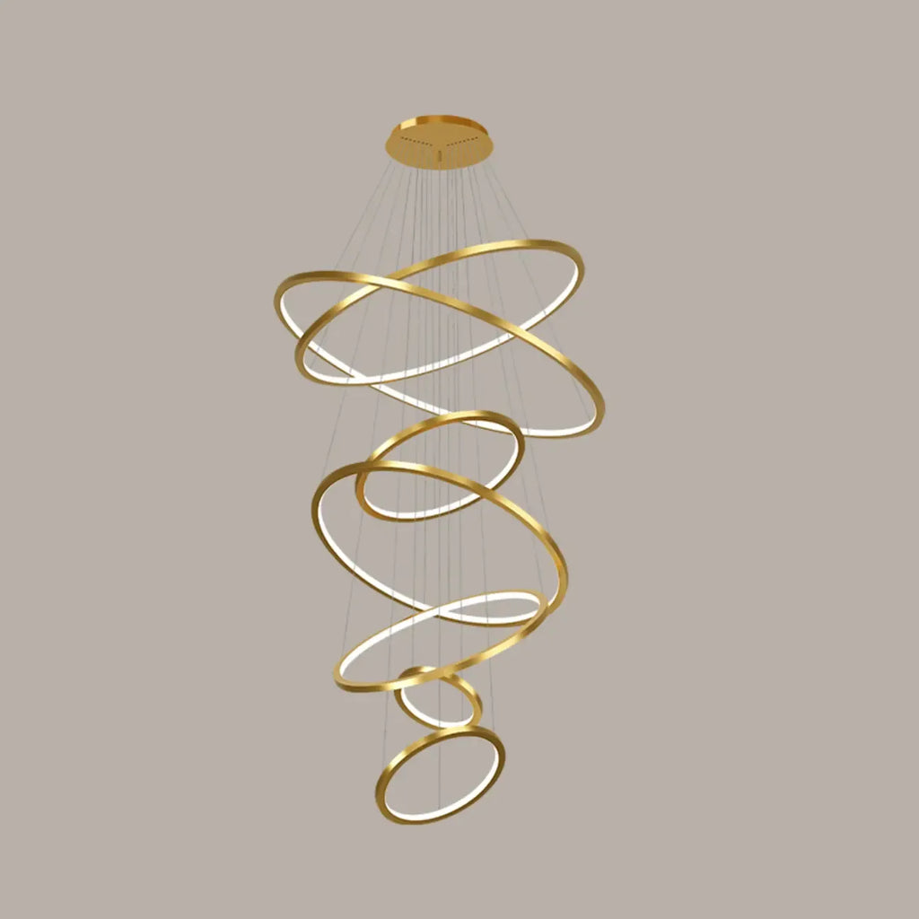 Lustre d'escalier moderne en forme d'anneau doré, lumière chaude LED