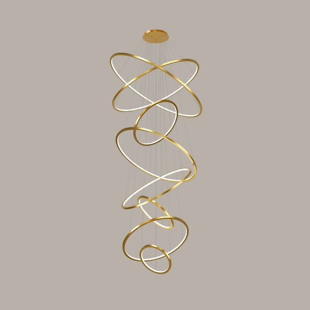 Lustre d'escalier moderne en forme d'anneau doré, lumière chaude LED