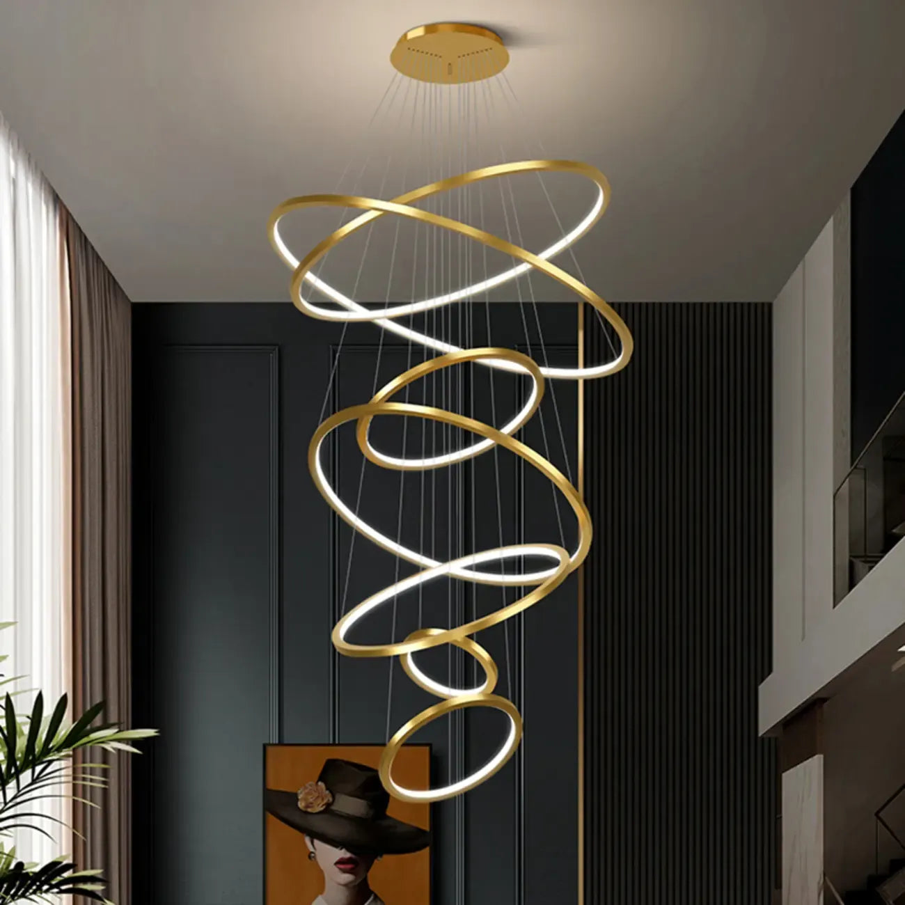 Lustre d'escalier moderne en forme d'anneau doré, lumière chaude LED