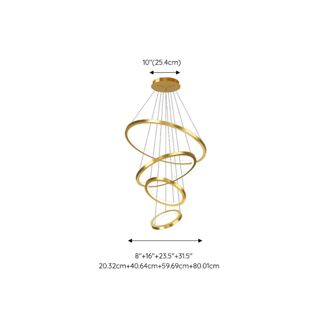 Lustre d'escalier moderne en forme d'anneau doré, lumière chaude LED