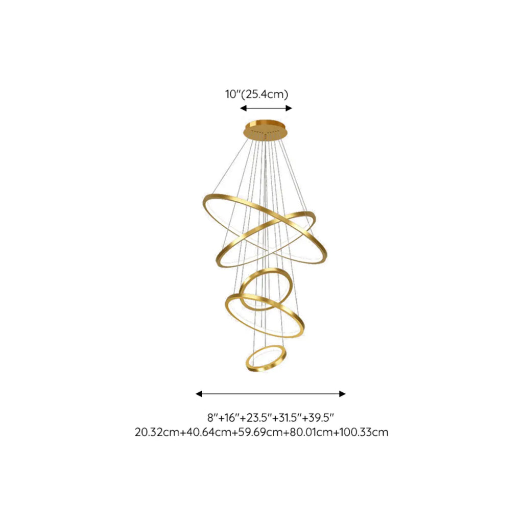 Lustre d'escalier moderne en forme d'anneau doré, lumière chaude LED