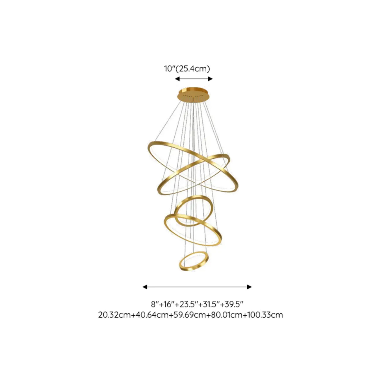Lustre d'escalier moderne en forme d'anneau doré, lumière chaude LED