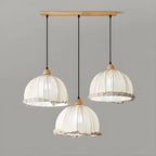 Suspension moderne à plusieurs lampes, design réglable en forme de dôme, avec finitions en bois, idéale pour la salle à manger.