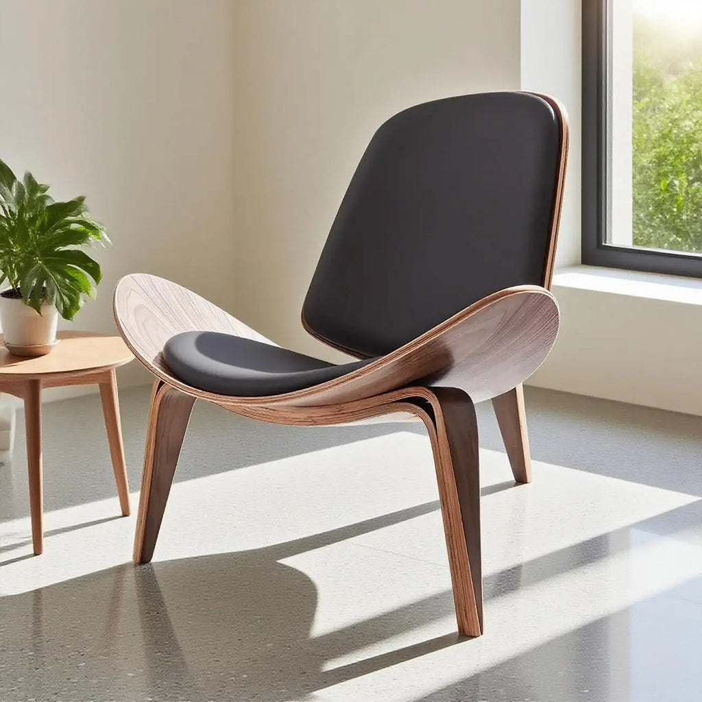 Fauteuil d'appoint scandinave en cuir et lin avec structure en bois