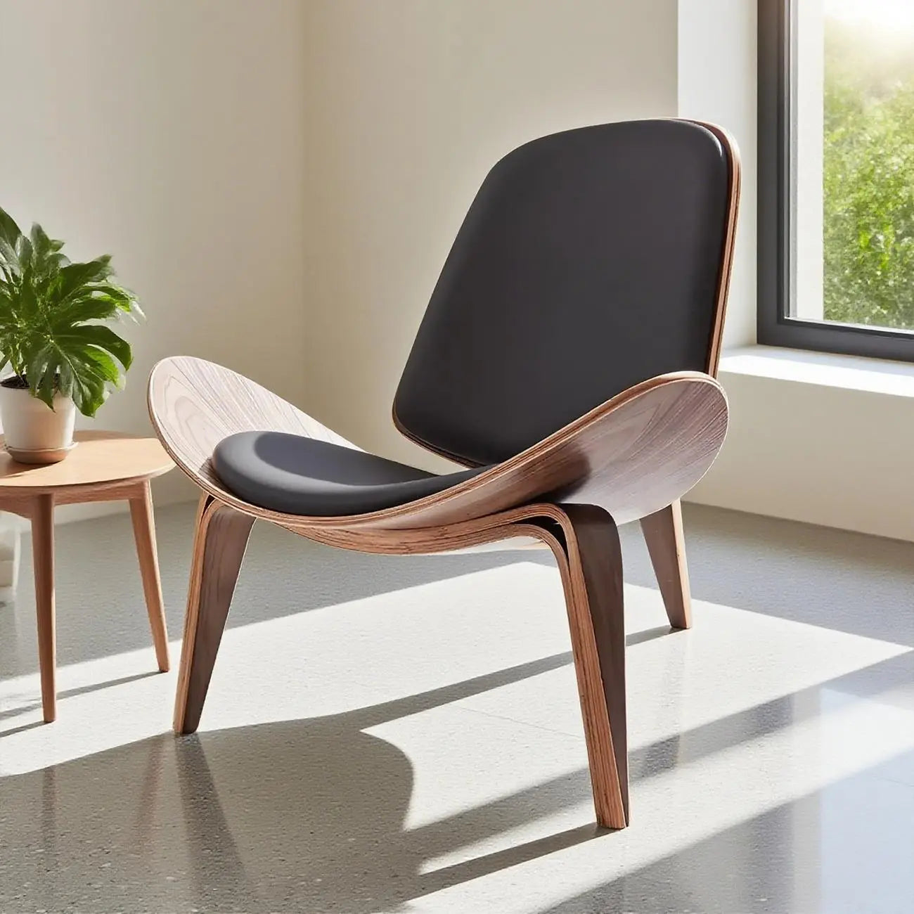 Fauteuil d'appoint scandinave en cuir et lin avec structure en bois