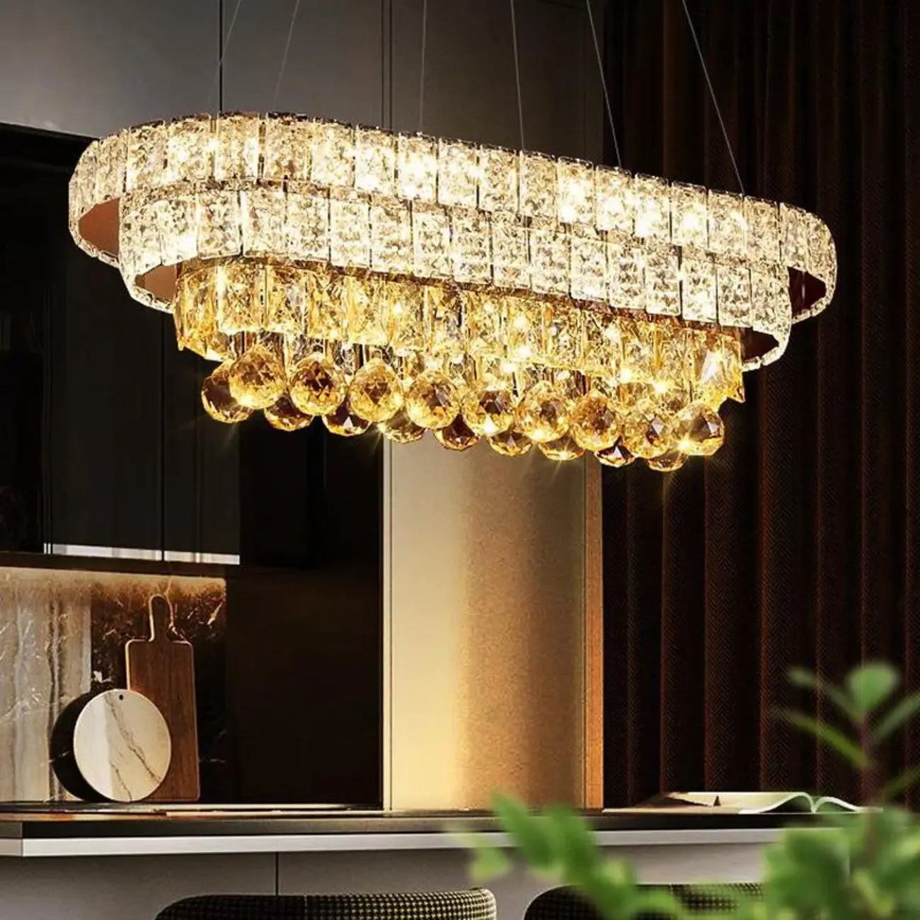 Suspension élégante en cristal doré/argent pour îlot de cuisine