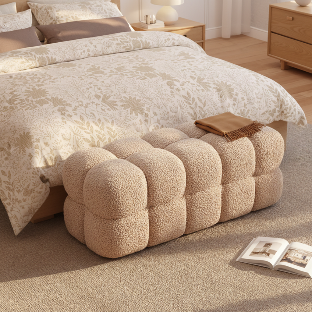 Banc de chambre moderne en forme de nuage, recouvert de tissu bouclé.