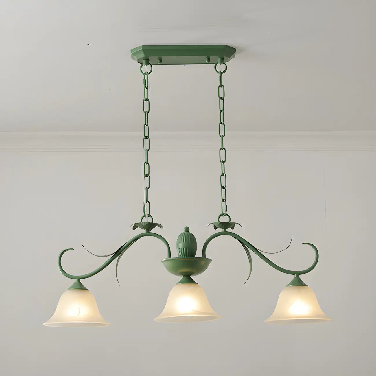 Suspension florale à 3 lumières en verre vert pour îlot de cuisine