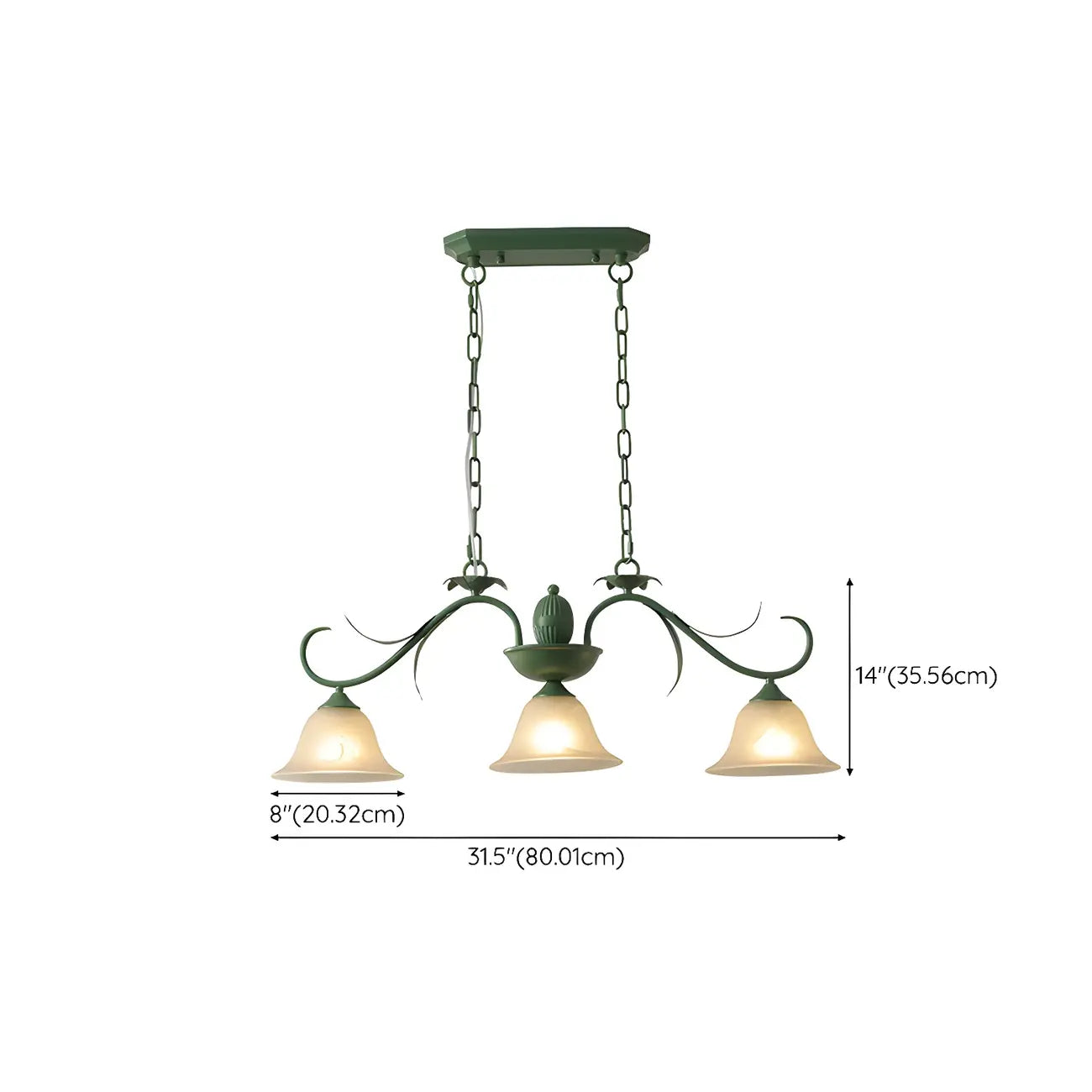 Suspension florale à 3 lumières en verre vert pour îlot de cuisine