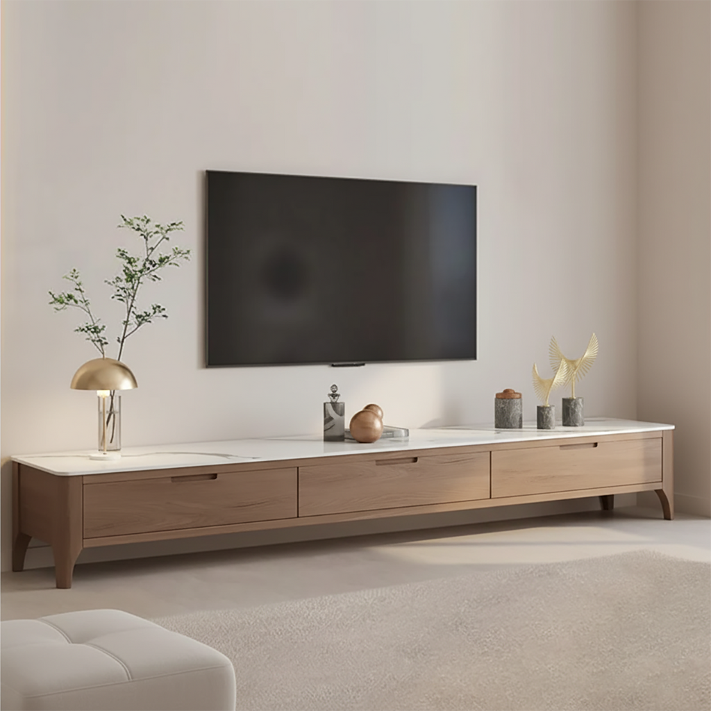 Meuble TV avec tiroirs et plateau en pierre marron de 71 pouces, avec gestion des câbles