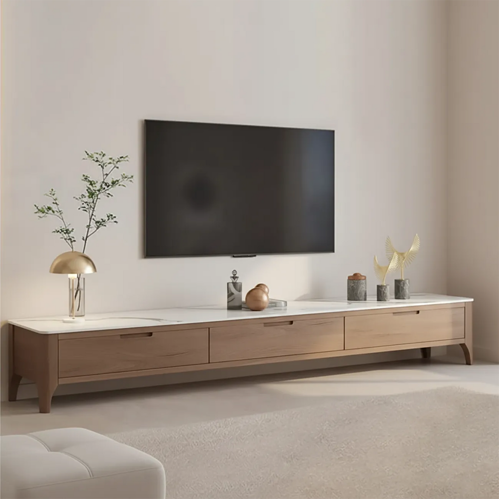 Meuble TV avec tiroirs et plateau en pierre marron de 71 pouces, avec gestion des câbles