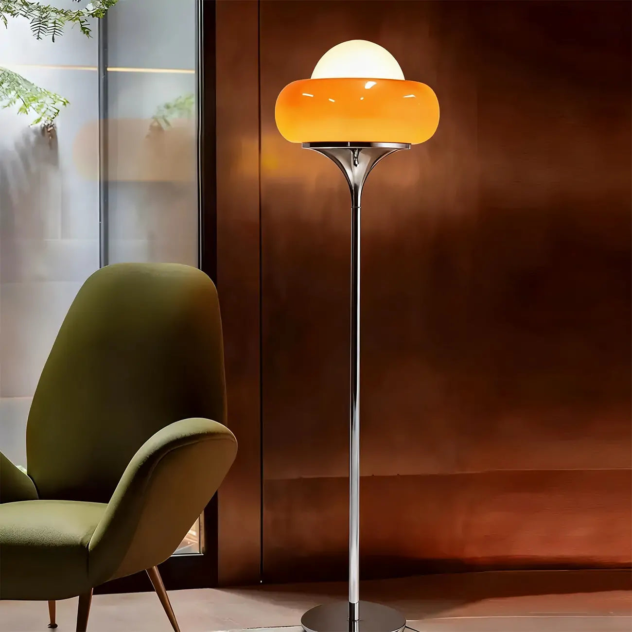 Lampadaire moderne en métal et verre bullé jaune avec LED