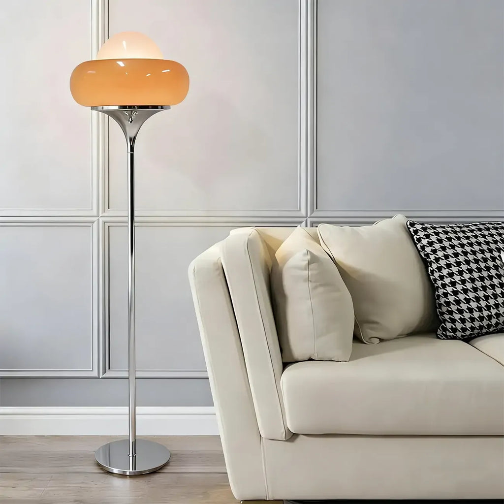 Lampadaire moderne en métal et verre bullé jaune avec LED