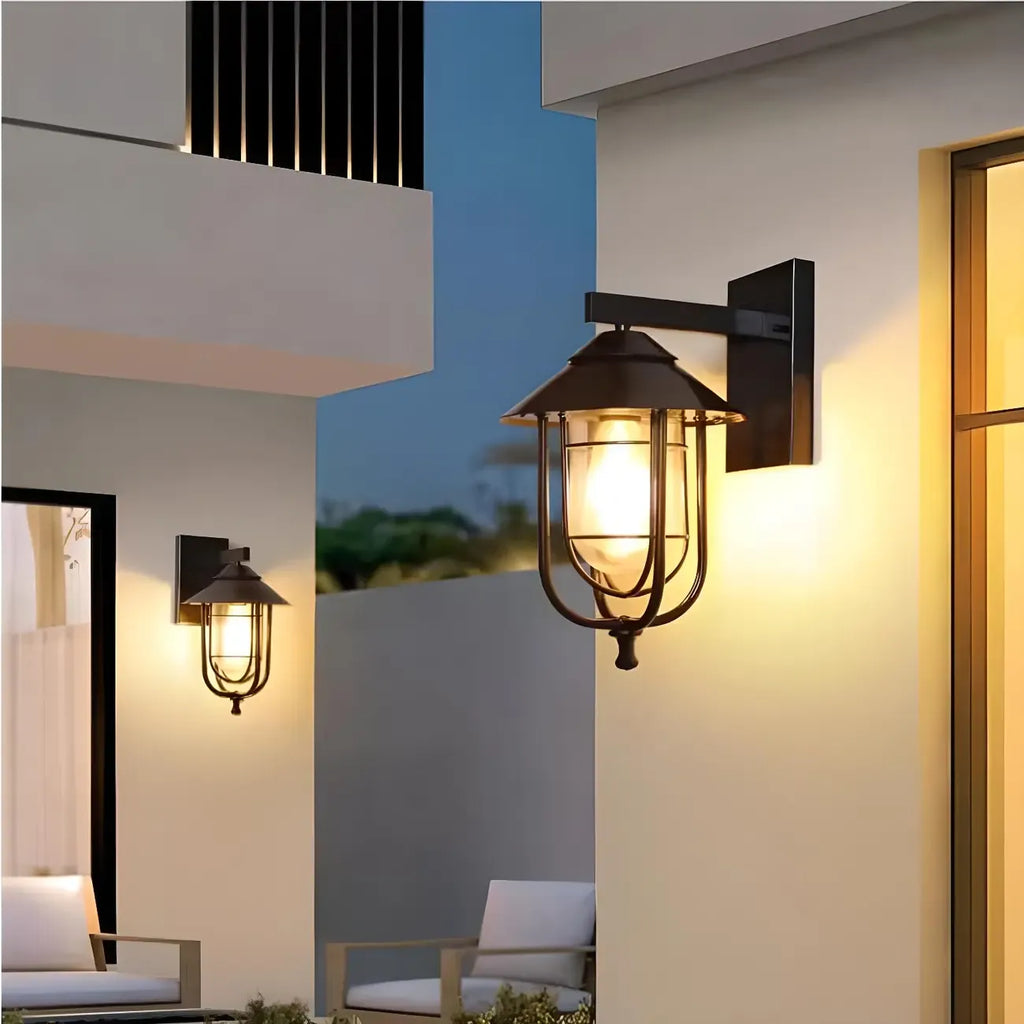 Lanterne industrielle en métal noir, applique murale extérieure en verre et LED à LED