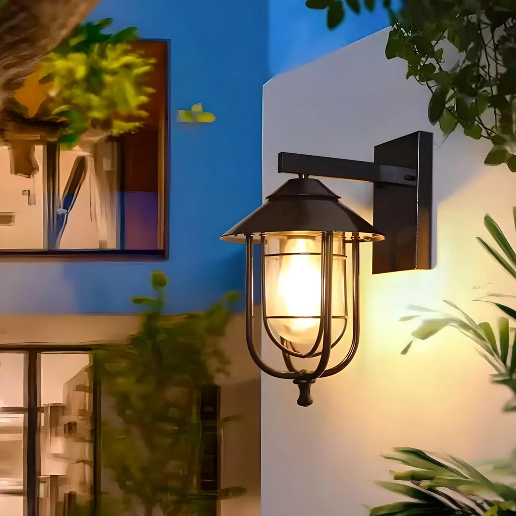 Lanterne industrielle en métal noir, applique murale extérieure en verre et LED à LED