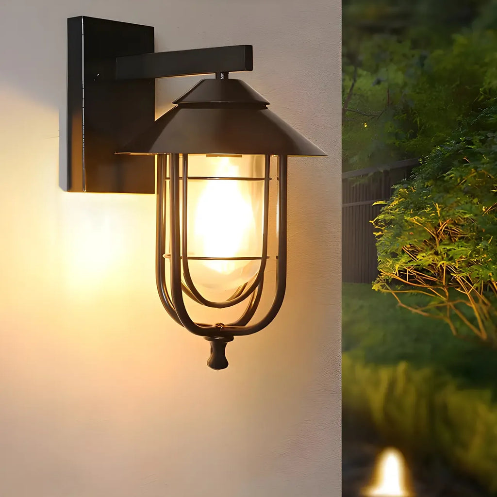 Lanterne industrielle en métal noir, applique murale extérieure en verre et LED à LED