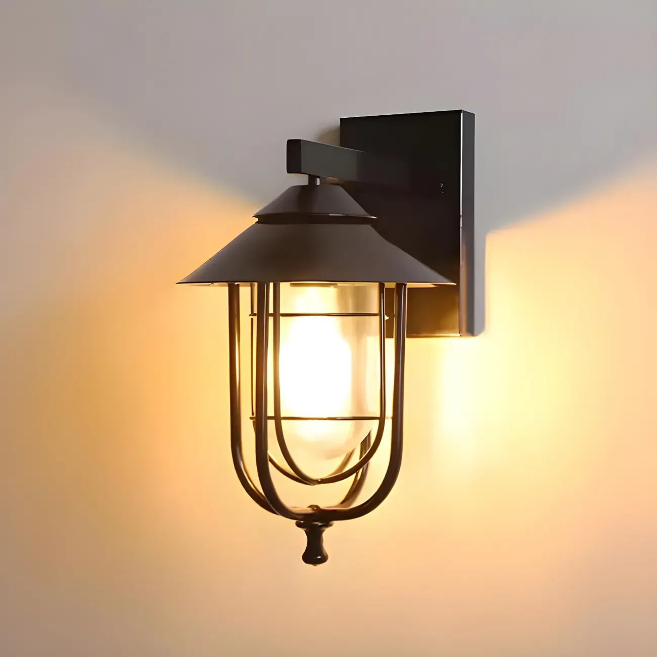 Lanterne industrielle en métal noir, applique murale extérieure en verre et LED à LED