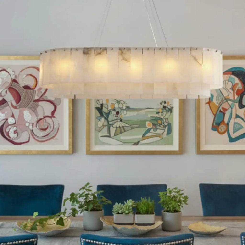 Lustre long en albâtre et laiton, style long marbre, îlot central