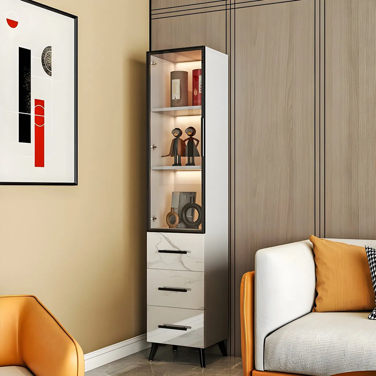 Vitrine moderne en bois texturé marbre et verre