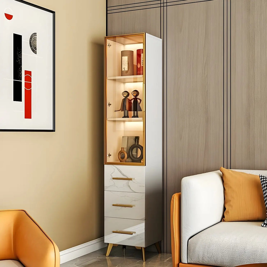 Vitrine moderne en bois texturé marbre et verre