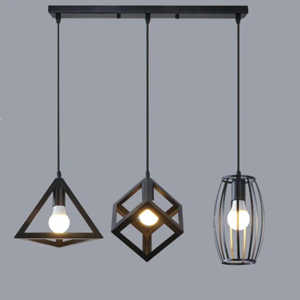 Suspension triangulaire industrielle en métal noir pour îlot de cuisine