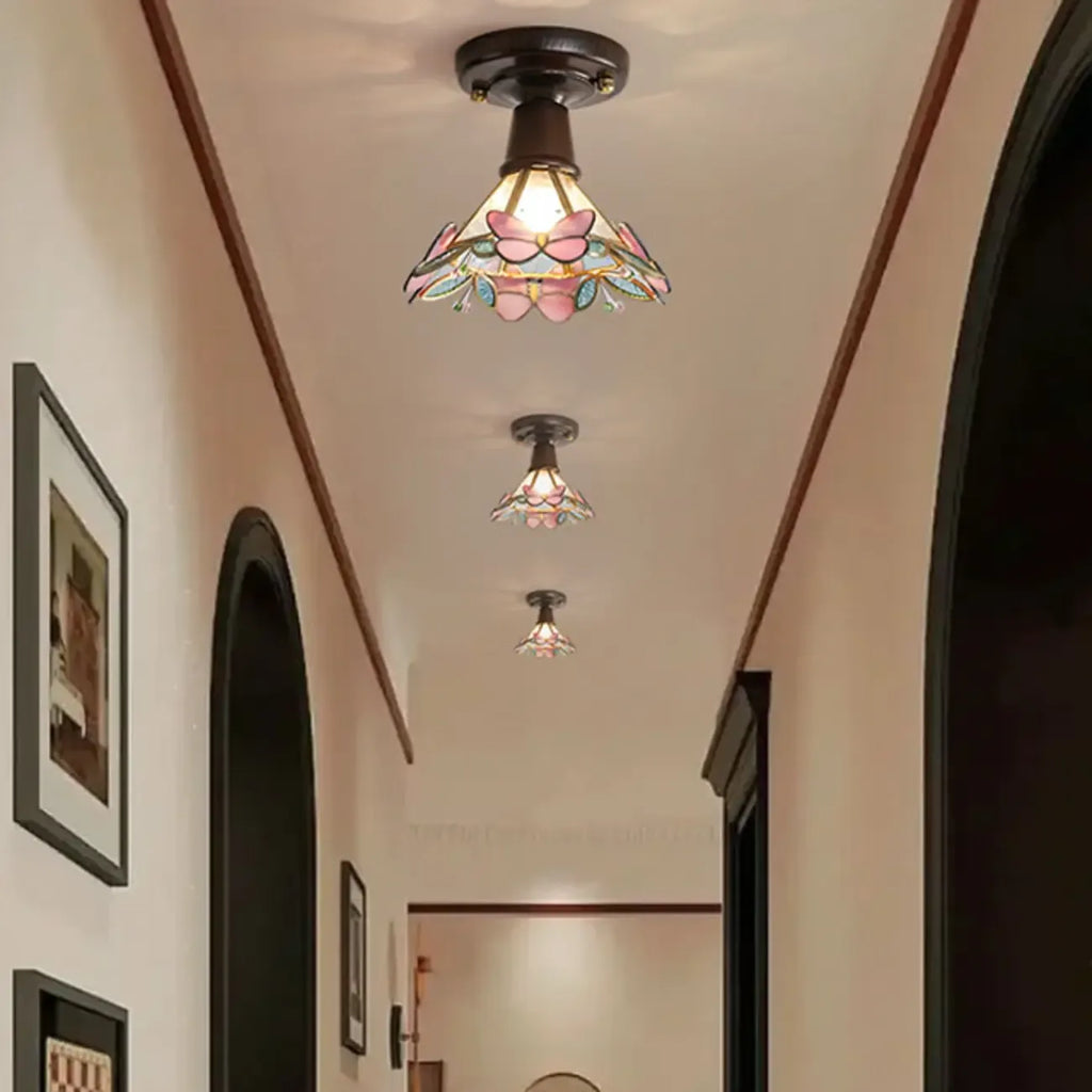 Plafonnier semi-encastré vintage en verre brun à motif floral, 1 lumière