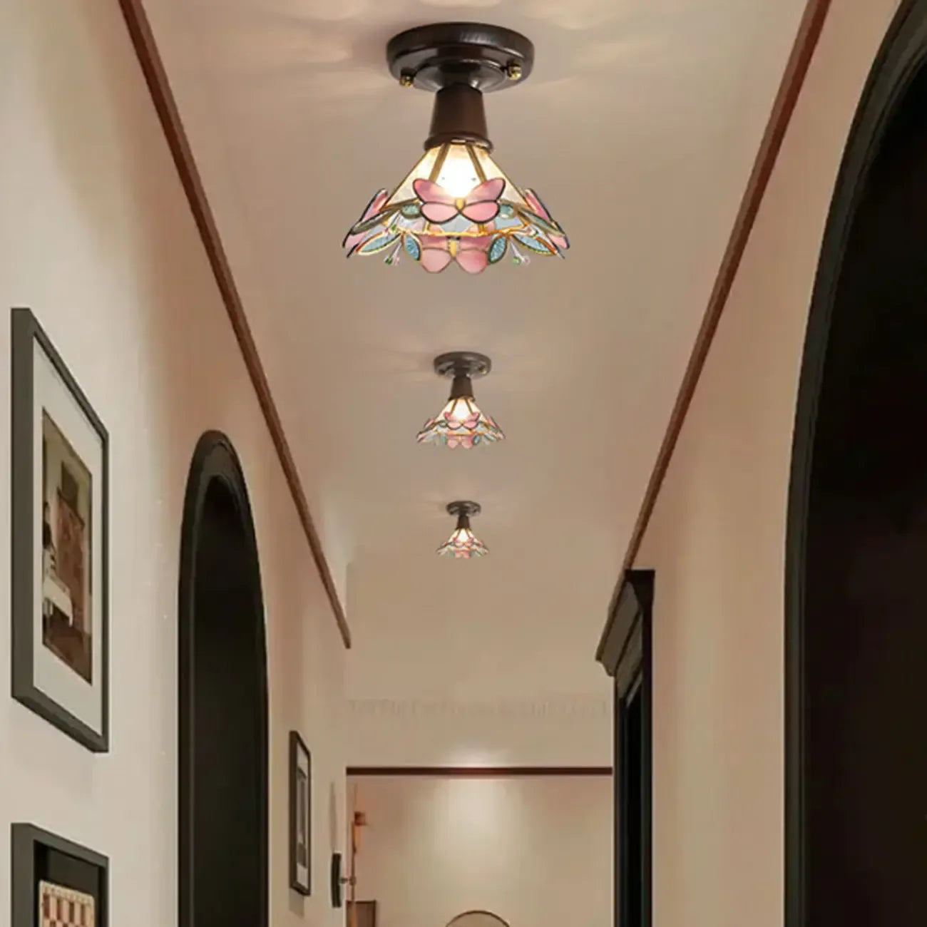 Plafonnier semi-encastré vintage en verre brun à motif floral, 1 lumière