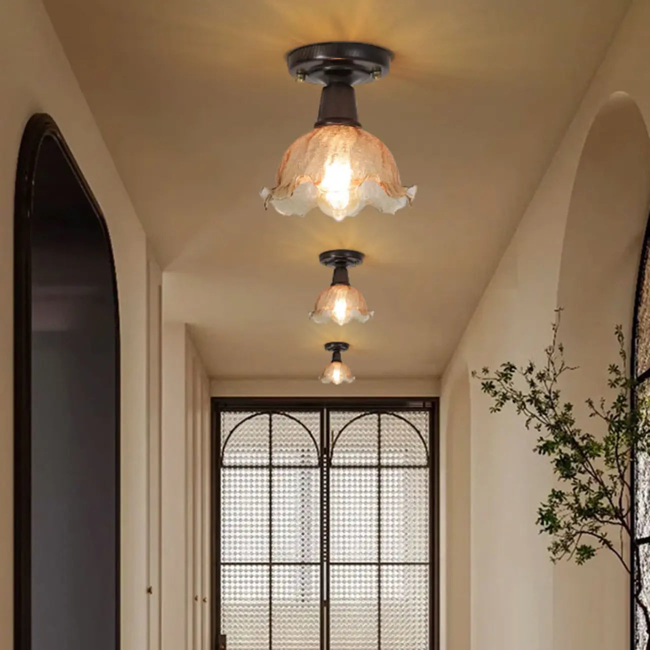 Plafonnier semi-encastré vintage en verre brun à motif floral, 1 lumière