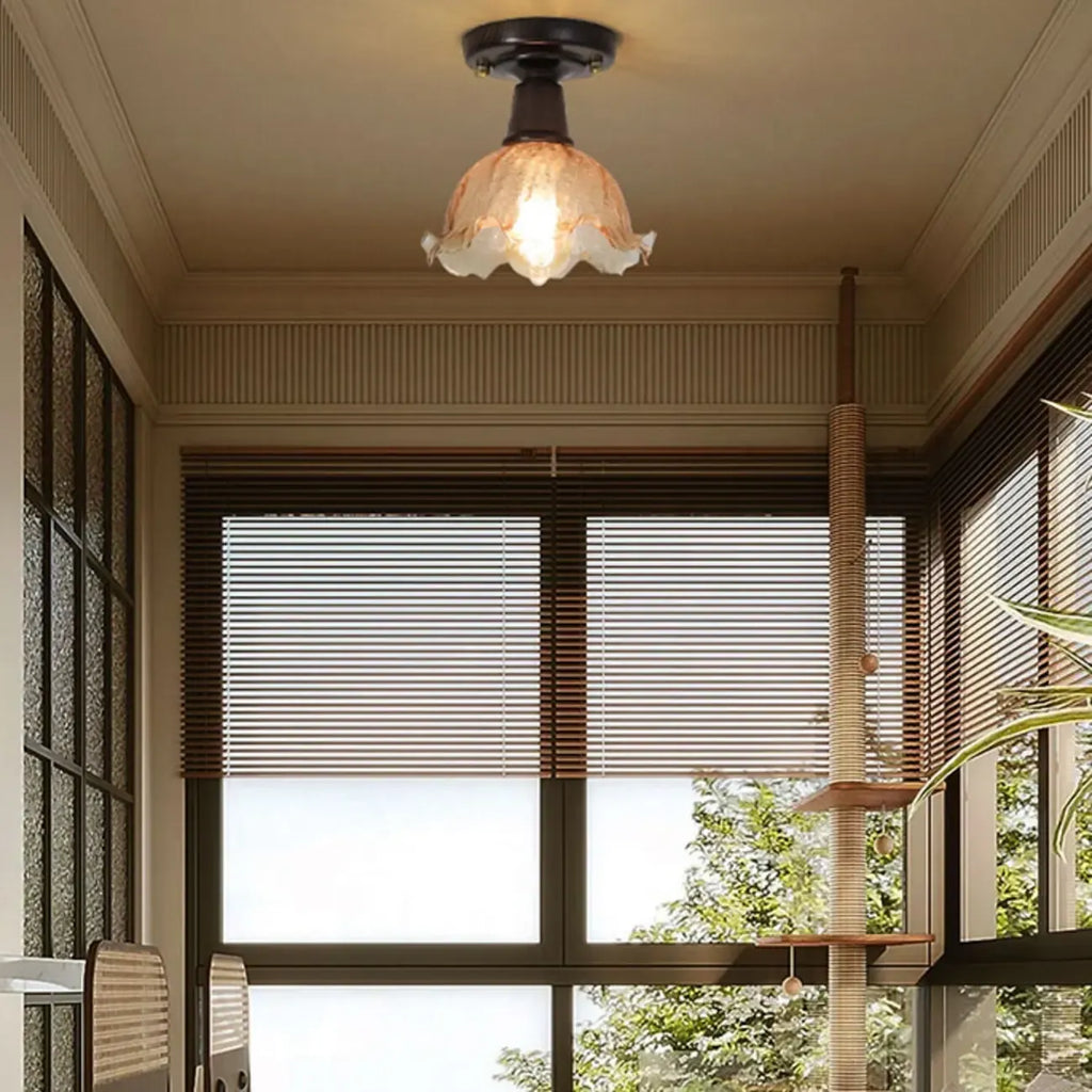 Plafonnier semi-encastré vintage en verre brun à motif floral, 1 lumière