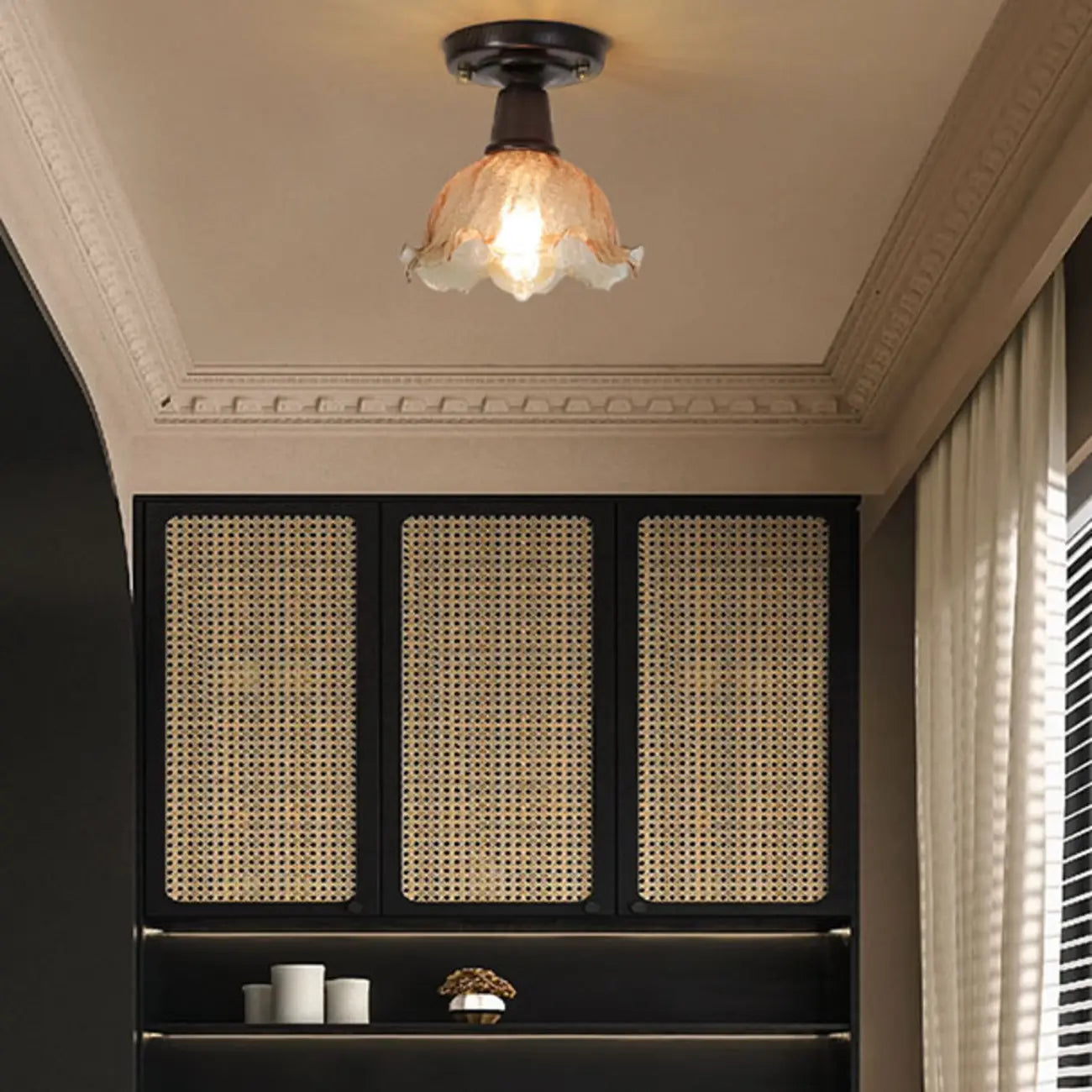 Plafonnier semi-encastré vintage en verre brun à motif floral, 1 lumière