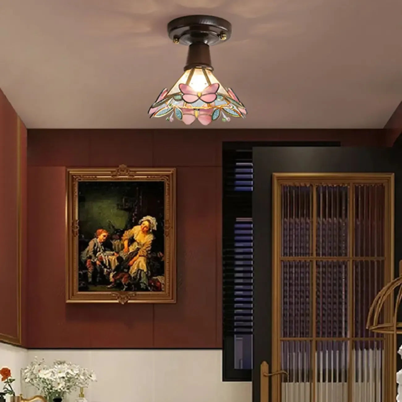 Plafonnier semi-encastré vintage en verre brun à motif floral, 1 lumière