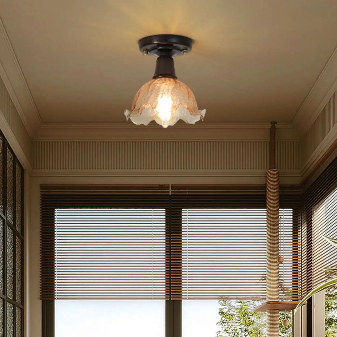 Plafonnier semi-encastré vintage en verre brun à motif floral, 1 lumière